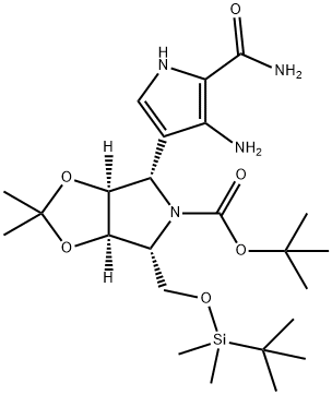 5H-1,3-Dioxolo4,5-cpyrrole-5-carboxylic acid, 4-4-amino-5-(aminocarbonyl)-1H-pyrrol-3-yl-6-(1,1-dimethylethyl)dimethylsilyloxymethyltetrahydro-2,2-dimethyl-, 1,1-dimethylethyl ester, (3aS,4S,6R,6aR)- 结构式