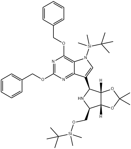 5H-Pyrrolo3,2-dpyrimidine, 5-(1,1-dimethylethyl)dimethylsilyl-7-(3aS,4S,6R,6aR)-6-(1,1-dimethylethyl)dimethylsilyloxymethyltetrahydro-2,2-dimethyl-4H-1,3-dioxolo4,5-cpyrrol-4-yl-2,4-bis(phenylmethoxy)- Structure