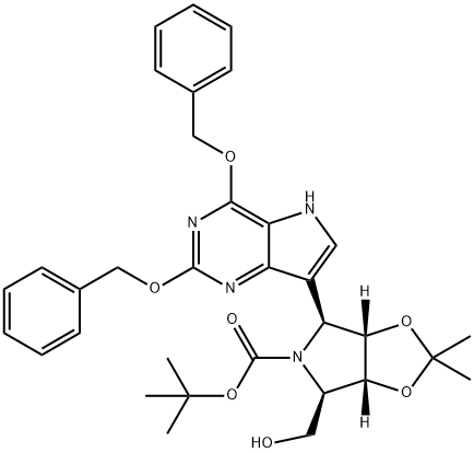 5H-1,3-Dioxolo4,5-cpyrrole-5-carboxylic acid, 4-2,4-bis(phenylmethoxy)-5H-pyrrolo3,2-dpyrimidin-7-yltetrahydro-6-(hydroxymethyl)-2,2-dimethyl-, 1,1-dimethylethyl ester, (3aS,4S,6R,6aR)- 结构式