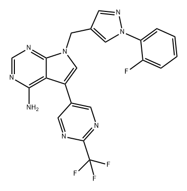 7H-Pyrrolo[2,3-d]pyrimidin-4-amine, 7-[[1-(2-fluorophenyl)-1H-pyrazol-4-yl]methyl]-5-[2-(trifluoromethyl)-5-pyrimidinyl]- Struktur