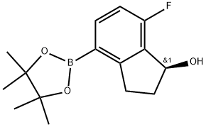 (1S)-7-Fluoro-2,3-dihydro-4-(4,4,5,5-tetramethyl-1,3,2-dioxaborolan-2-yl)-1H-inden-1-ol Struktur