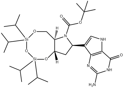 1,3,5,2,4-Trioxadisilocino7,6-bpyrrole-7(6H)-carboxylic acid, 8-(2-amino-4,5-dihydro-4-oxo-1H-pyrrolo3,2-dpyrimidin-7-yl)tetrahydro-2,2,4,4-tetrakis(1-methylethyl)-, 1,1-dimethylethyl ester, (6aR,8R,9aS)- Struktur
