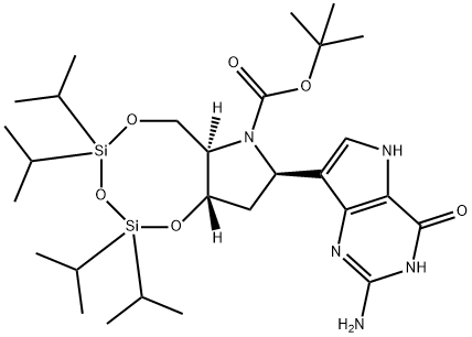 1,3,5,2,4-Trioxadisilocino7,6-bpyrrole-7(6H)-carboxylic acid, 8-(2-amino-4,5-dihydro-4-oxo-1H-pyrrolo3,2-dpyrimidin-7-yl)tetrahydro-2,2,4,4-tetrakis(1-methylethyl)-, 1,1-dimethylethyl ester, (6aR,8R,9aS)-,222854-89-9,结构式