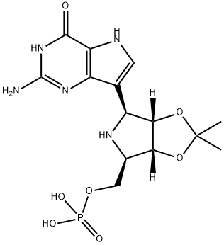 4H-Pyrrolo3,2-dpyrimidin-4-one, 2-amino-1,5-dihydro-7-(3aS,4S,6R,6aR)-tetrahydro-2,2-dimethyl-6-(phosphonooxy)methyl-4H-1,3-dioxolo4,5-cpyrrol-4-yl- Struktur