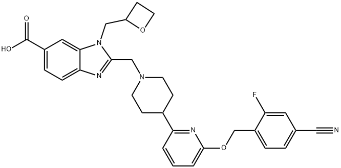 1H-Benzimidazole-6-carboxylic acid, 2-[[4-[6-[(4-cyano-2-fluorophenyl)methoxy]-2-pyridinyl]-1-piperidinyl]methyl]-1-(2-oxetanylmethyl)-,2230200-08-3,结构式
