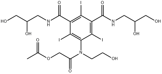 1,3-Benzenedicarboxamide, 5-[[2-(acetyloxy)acetyl](2-hydroxyethyl)amino]-N1,N3-bis(2,3-dihydroxypropyl)-2,4,6-triiodo- Struktur