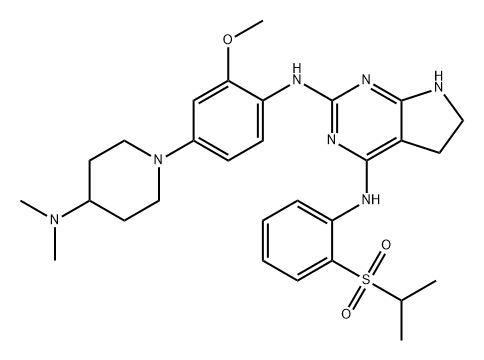 5H-Pyrrolo[2,3-d]pyrimidine-2,4-diamine, N2-[4-[4-(dimethylamino)-1-piperidinyl]-2-methoxyphenyl]-6,7-dihydro-N4-[2-[(1-methylethyl)sulfonyl]phenyl]- Struktur