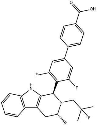 [1,1'-Biphenyl]-4-carboxylic acid, 3',5'-difluoro-4'-[(1R,3R)-2-(2-fluoro-2-methylpropyl)-2,3,4,9-tetrahydro-3-methyl-1H-pyrido[3,4-b]indol-1-yl]- Struktur