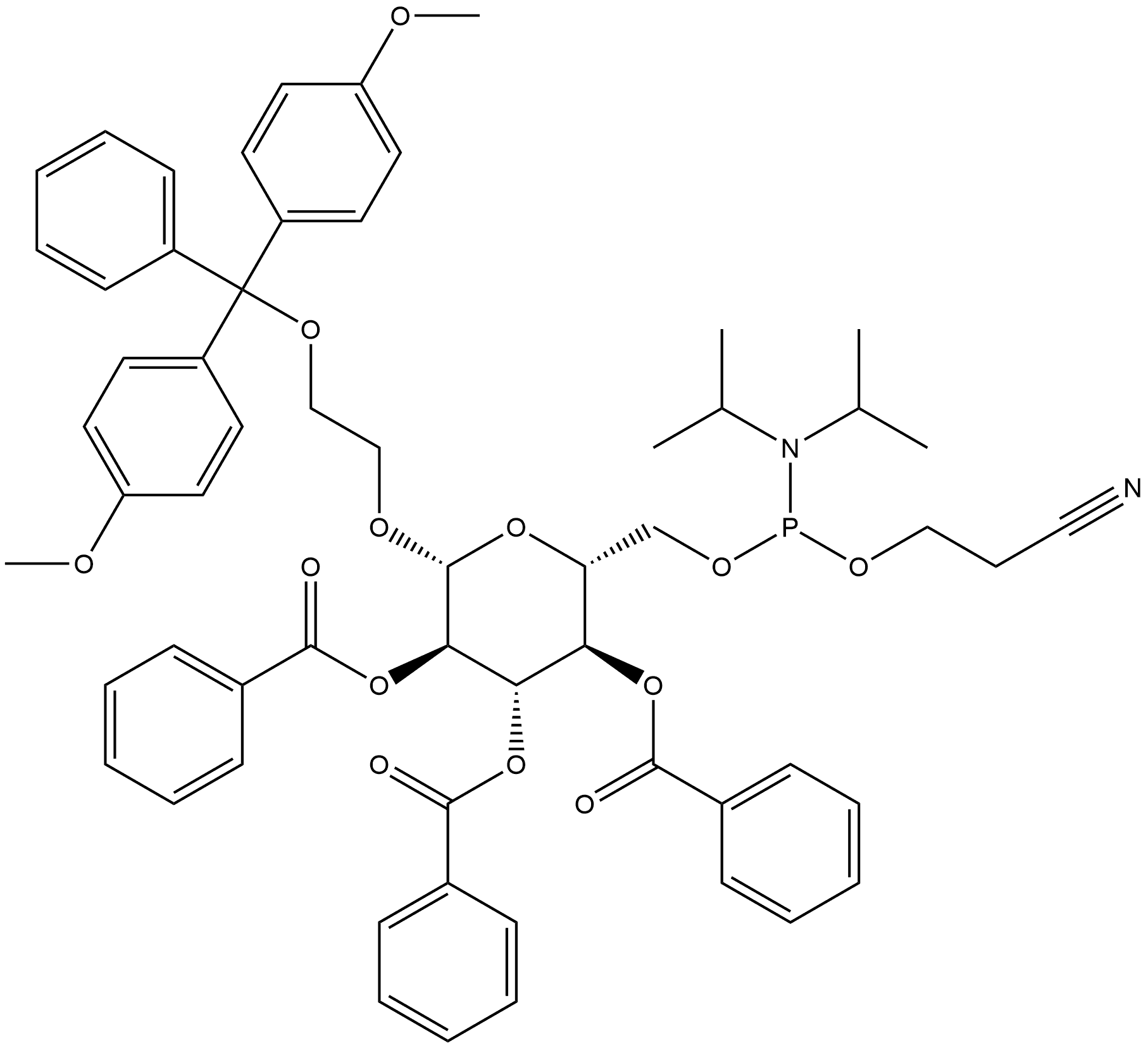 β-D-Glucopyranoside, 2-[bis(4-methoxyphenyl)phenylmethoxy]ethyl, 2,3,4-tribenzoate 6-[2-cyanoethyl N,N-bis(1-methylethyl)phosphoramidite] 结构式