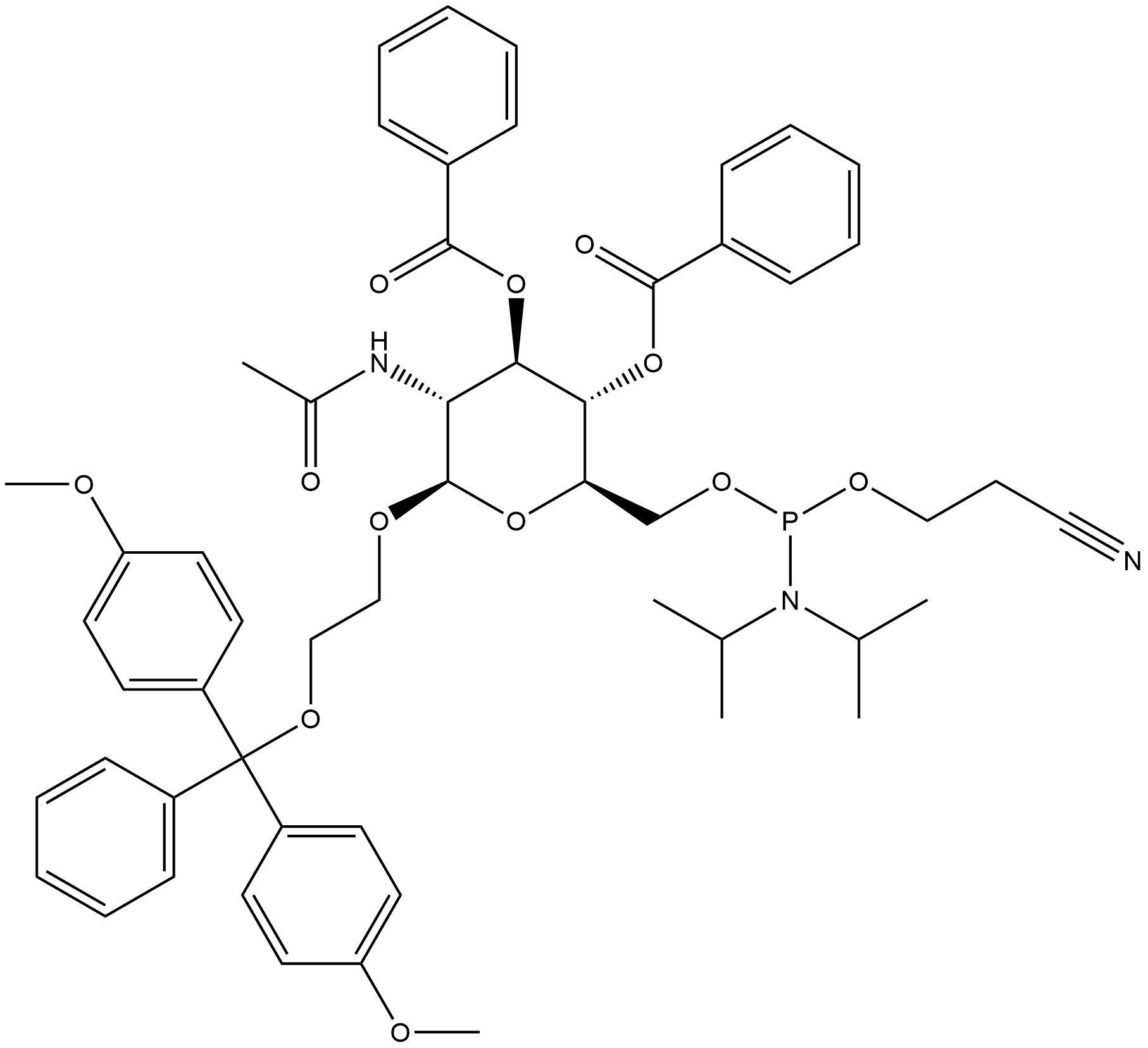 β-D-Glucopyranoside, 2-[bis(4-methoxyphenyl)phenylmethoxy]ethyl 2-(acetylamino)-2-deoxy-, 3,4-dibenzoate 6-[2-cyanoethyl N,N-bis(1-methylethyl)phosphoramidite] Struktur