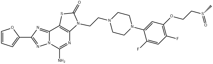 Thiazolo[5,4-e][1,2,4]triazolo[1,5-c]pyrimidin-2(3H)-one, 5-amino-3-[2-[4-[2,4-difluoro-5-[2-[(S)-methylsulfinyl]ethoxy]phenyl]-1-piperazinyl]ethyl]-8-(2-furanyl)- Struktur