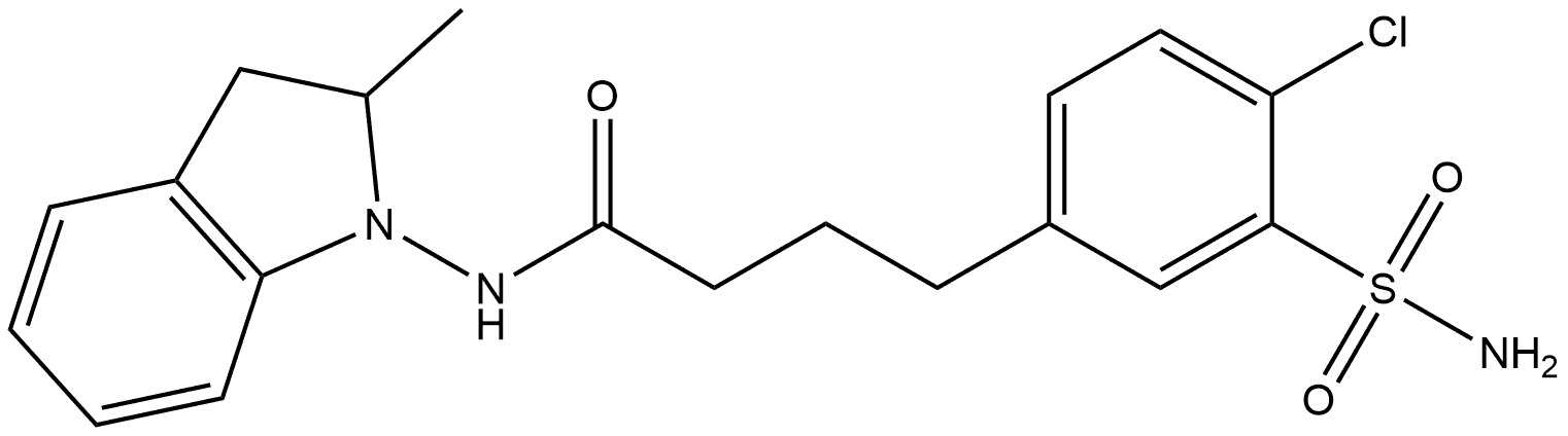 3-(Aminosulfonyl)-4-chloro-N-(2,3-dihydro-2-methyl-1H-indol-1-yl)benzenebutanamide Structure