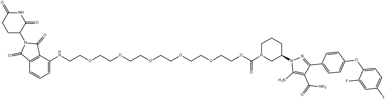 1-?Piperidinecarboxylic acid, 3-?[5-?amino-?4-?(aminocarbonyl)?-?3-?[4-?(2,?4-?difluorophenoxy)?phenyl]?-?1H-?pyrazol-?1-?yl]?-?, 17-?[[2-?(2,?6-?dioxo-?3-?piperidinyl)?-?2,?3-?dihydro-?1,?3-?dioxo-?1H-?isoindol-?4-?yl]?amino]?-?3,?6,?9,?12,?15-?pentaoxaheptadec-?1-?yl ester, (3R)?-,2250382-66-0,结构式