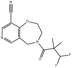 Pyrido[3,4-f]-1,4-oxazepine-9-carbonitrile, 4-(3,3-difluoro-2,2-dimethyl-1-oxopropyl)-2,3,4,5-tetrahydro- Struktur
