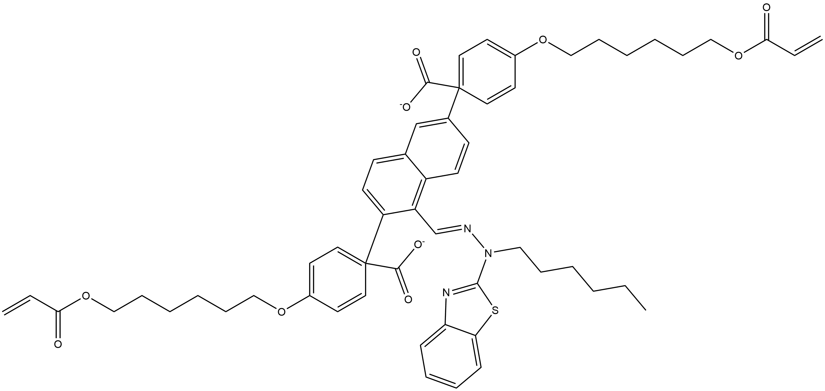 1,1′-[1-[(E)-[2-(2-Benzothiazolyl)-2-hexylhydrazinylidene]methyl]-2,6-naphthalenediyl] bis[4-[[6-[(1-oxo-2-propen-1-yl)oxy]hexyl]oxy]benzoate],2254242-60-7,结构式