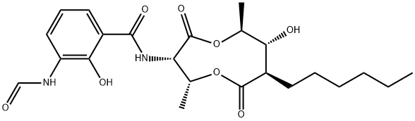 Benzamide, 3-(formylamino)-N-[(3S,4R,7R,8R,9S)-7-hexyl-8-hydroxy-4,9-dimethyl-2,6-dioxo-1,5-dioxonan-3-yl]-2-hydroxy- (9CI) Struktur