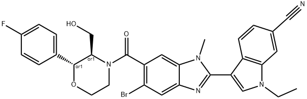 1H-Indole-6-carbonitrile, 3-[5-bromo-6-[[(2R,3R)-2-(4-fluorophenyl)-3-(hydroxymethyl)-4-morpholinyl]carbonyl]-1-methyl-1H-benzimidazol-2-yl]-1-ethyl-, rel- Structure