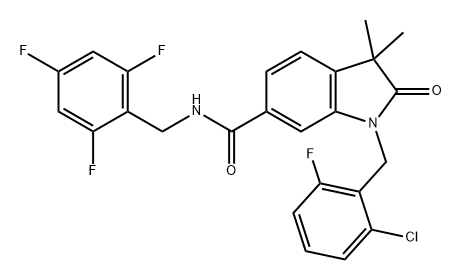 1H-Indole-6-carboxamide, 1-[(2-chloro-6-fluorophenyl)methyl]-2,3-dihydro-3,3-dimethyl-2-oxo-N-[(2,4,6-trifluorophenyl)methyl]- 化学構造式