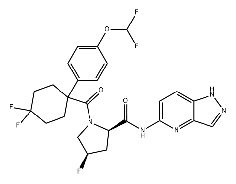 2-Pyrrolidinecarboxamide, 1-[[1-[4-(difluoromethoxy)phenyl]-4,4-difluorocyclohexyl]carbonyl]-4-fluoro-N-1H-pyrazolo[4,3-b]pyridin-5-yl-, (2R,4R)- 化学構造式