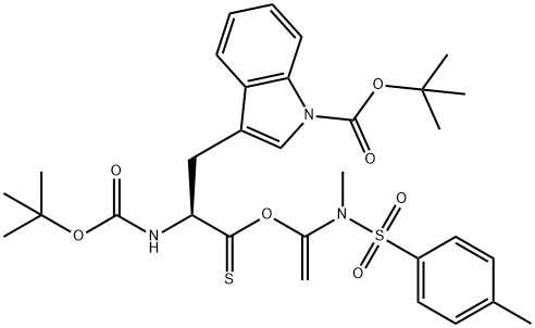 1H-Indole-1-carboxylic acid, 3-[(2S)-2-[[(1,1-dimethylethoxy)carbonyl]amino]-3-[[1-[methyl[(4-methylphenyl)sulfonyl]amino]ethenyl]oxy]-3-thioxopropyl]-, 1,1-dimethylethyl ester 结构式