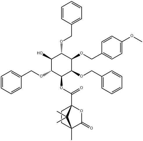 D-myo-Inositol, 1-O-(4-methoxyphenyl)methyl-2,4,6-tris-O-(phenylmethyl)-, 3-(1S,4R)-4,7,7-trimethyl-3-oxo-2-oxabicyclo2.2.1heptane-1-carboxylate Struktur