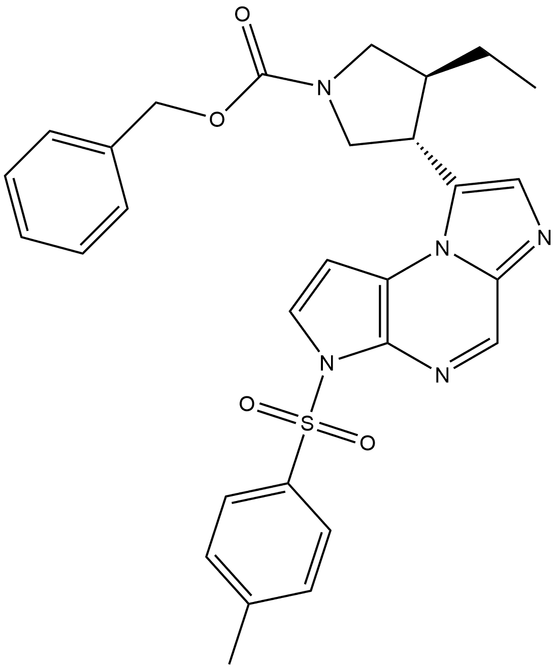 Phenylmethyl (3S,4S)-3-ethyl-4-[3-[(4-methylphenyl)sulfonyl]-3H-imidazo[1,2-a]pyrrolo[2,3-e]pyrazin-8-yl]-1-pyrrolidinecarboxylate Struktur
