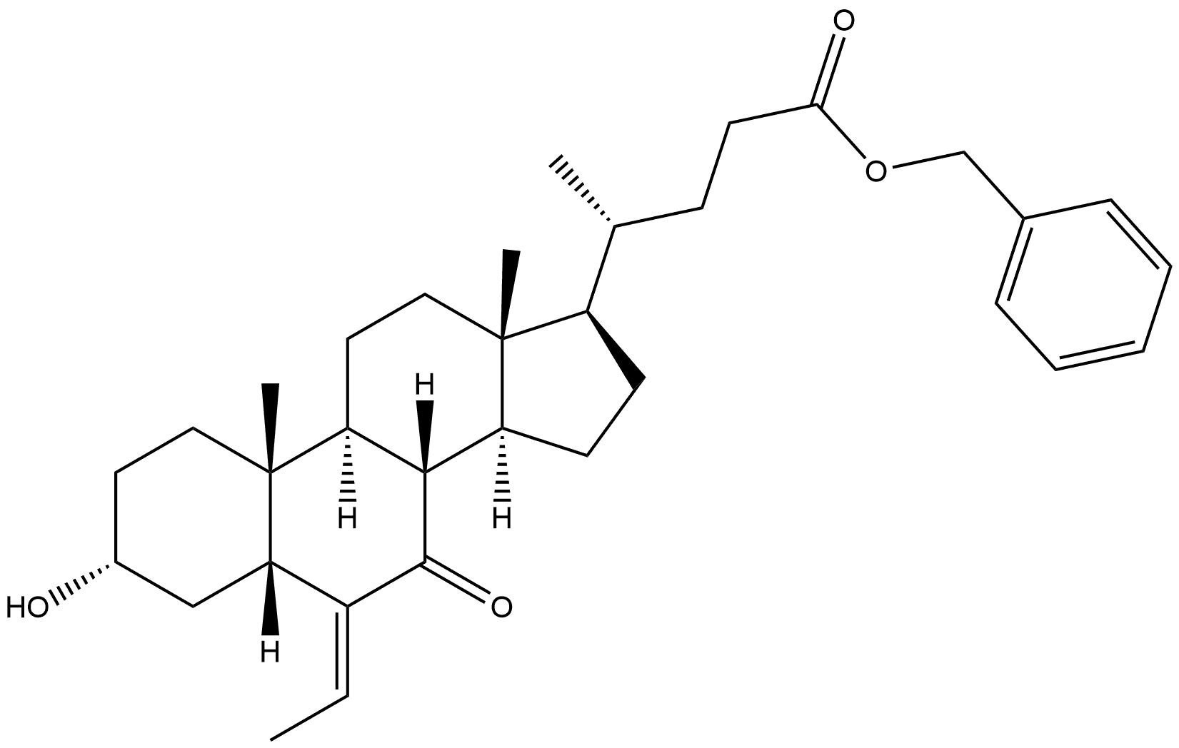 Cholan-24-oic acid, 6-ethylidene-3-hydroxy-7-oxo-, phenylmethyl ester, (3α,5β,6E)- 化学構造式