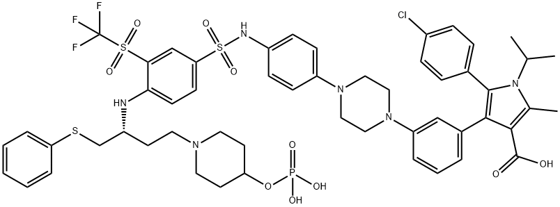 2271269-01-1 1H-Pyrrole-3-carboxylic acid, 5-(4-chlorophenyl)-2-methyl-1-(1-methylethyl)-4-[3-[4-[4-[[[4-[[(1R)-1-[(phenylthio)methyl]-3-[4-(phosphonooxy)-1-piperidinyl]propyl]amino]-3-[(trifluoromethyl)sulfonyl]phenyl]sulfonyl]amino]phenyl]-1-piperazinyl]phenyl]-