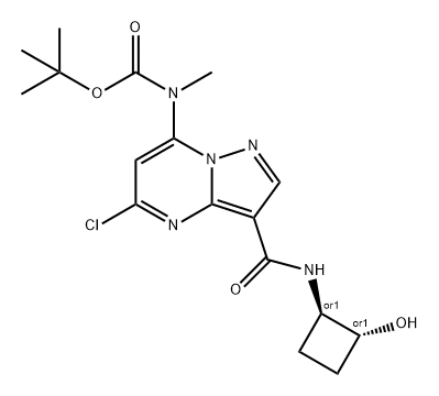Carbamic acid, N-[5-chloro-3-[[[(1R,2R)-2-hydroxycyclobutyl]amino]carbonyl]pyrazolo[1,5-a]pyrimidin-7-yl]-N-methyl-, 1,1-dimethylethyl ester, rel-,2271471-27-1,结构式