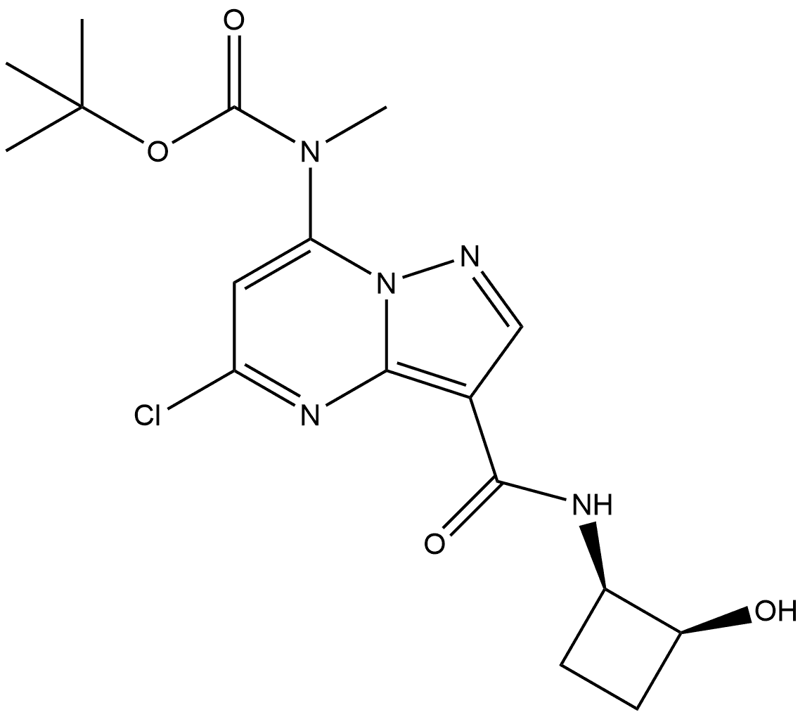 rel-1,1-Dimethylethyl N-[5-chloro-3-[[[(1R,2S)-2-hydroxycyclobutyl]amino]carbonyl]pyrazolo[1,5-a]pyrimidin-7-yl]-N-methylcarbamate Struktur