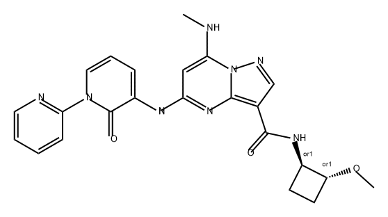 Pyrazolo[1,5-a]pyrimidine-3-carboxamide, N-[(1R,2R)-2-methoxycyclobutyl]-7-(methylamino)-5-[(2-oxo[1(2H),2'-bipyridin]-3-yl)amino]-, rel- Struktur