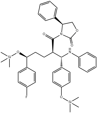 2-Oxazolidinone, 3-[(2R,5S)-5-(4-fluorophenyl)-1-oxo-2-[(S)-(phenylamino)[4-[(trimethylsilyl)oxy]phenyl]methyl]-5-[(trimethylsilyl)oxy]pentyl]-4-phenyl-, (4S)- Struktur