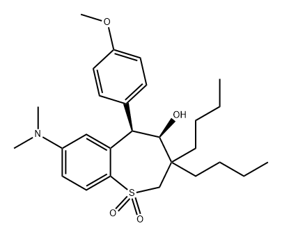 1-Benzothiepin-4-ol, 3,3-dibutyl-7-(dimethylamino)-2,3,4,5-tetrahydro-5-(4-methoxyphenyl)-, 1,1-dioxide, (4R,5R)- Structure