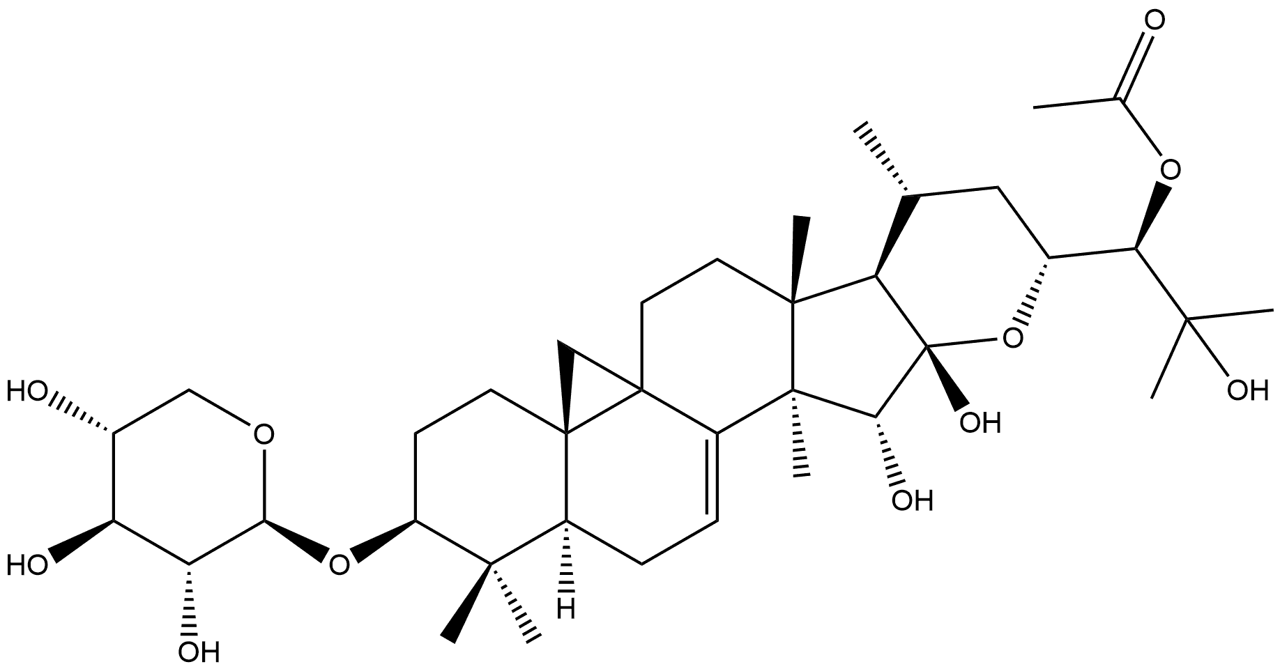 9,19-Cyclolanost-7-ene-15,16,24,25-tetrol, 16,23-epoxy-3-(β-D-xylopyranosyloxy)-, 24-acetate, (3β,15α,16β,23R,24R)- 结构式