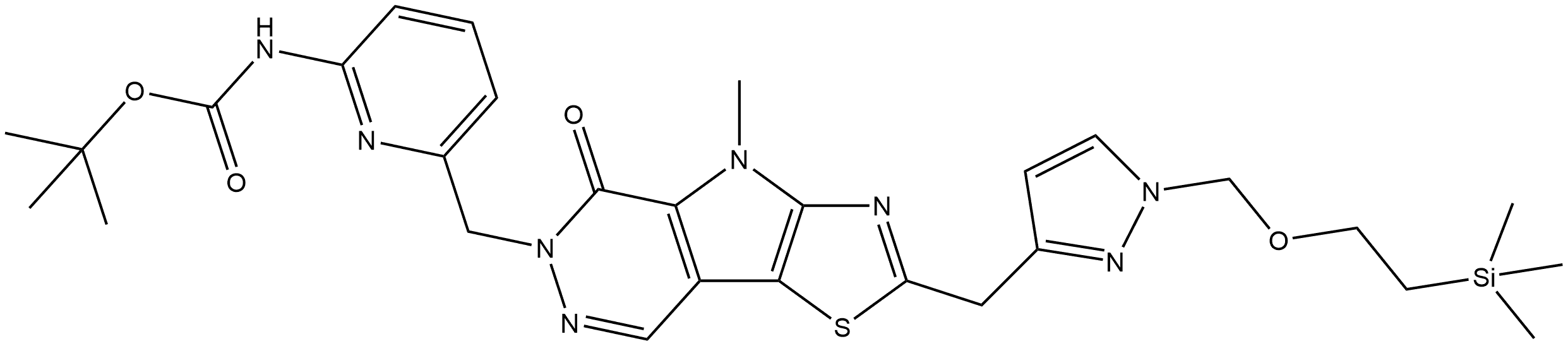 tert-butyl (6-((4-methyl-5-oxo-2-((1-((2-(trimethylsilyl)ethoxy)methyl)-1H-pyrazol-3-yl)methyl)-4,5-dihydro-6H-thiazolo[5',4':4,5]pyrrolo[2,3-d]pyridazin-6-yl)methyl)pyridin-2-yl)carbamate,2283422-09-1,结构式
