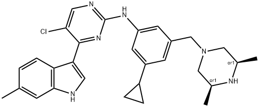 2-Pyrimidinamine, 5-chloro-N-[3-cyclopropyl-5-[[(3R,5S)-3,5-dimethyl-1-piperazinyl]methyl]phenyl]-4-(6-methyl-1H-indol-3-yl)-, rel- Structure