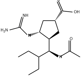 Cyclopentanecarboxylic acid, 3-[(1S)-1-(acetylamino)-2-ethylbutyl]-4-[(aminoiminomethyl)amino]-, (1R,3R,4R)- Struktur