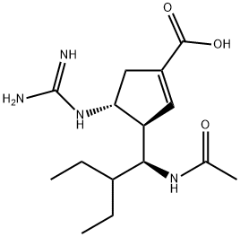 1-Cyclopentene-1-carboxylic acid, 3-[(1S)-1-(acetylamino)-2-ethylbutyl]-4-[(aminoiminomethyl)amino]-, (3R,4R)- Struktur