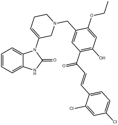 2H-Benzimidazol-2-one, 1-[1-[[5-[(2E)-3-(2,4-dichlorophenyl)-1-oxo-2-propen-1-yl]-2-ethoxy-4-hydroxyphenyl]methyl]-1,2,5,6-tetrahydro-3-pyridinyl]-1,3-dihydro- Struktur