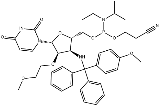 Uridine, 3'-?deoxy-?2'-?O-?(2-?methoxyethyl)?-?3'-?[[(4-?methoxyphenyl)?diphenylmethyl]?amino]?-?, 5'-?[2-?cyanoethyl N,?N-?bis(1-?methylethyl)?phosphoramidite] Struktur