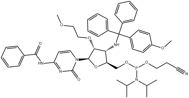 Cytidine, N-?benzoyl-?3'-?deoxy-?2'-?O-?(2-?methoxyethyl)?-?3'-?[[(4-?methoxyphenyl)?diphenylmethyl]?amino]?-?, 5'-?[2-?cyanoethyl N,?N-?bis(1-?methylethyl)?phosphoramidite],2299277-82-8,结构式