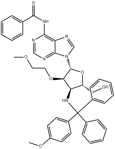 Adenosine, N-?benzoyl-?3'-?deoxy-?2'-?O-?(2-?methoxyethyl)?-?3'-?[[(4-?methoxyphenyl)?diphenylmethyl]?amino]?- Struktur