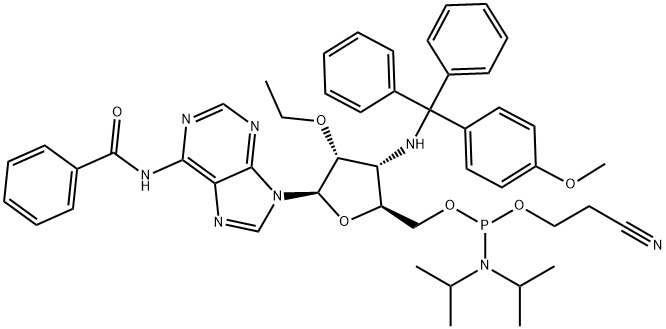 Adenosine, N-?benzoyl-?3'-?deoxy-?2'-?O-?ethyl-?3'-?[[(4-?methoxyphenyl)?diphenylmethyl]?amino]?-?, 5'-?[2-?cyanoethyl N,?N-?bis(1-?methylethyl)?phosphoramidite] Struktur