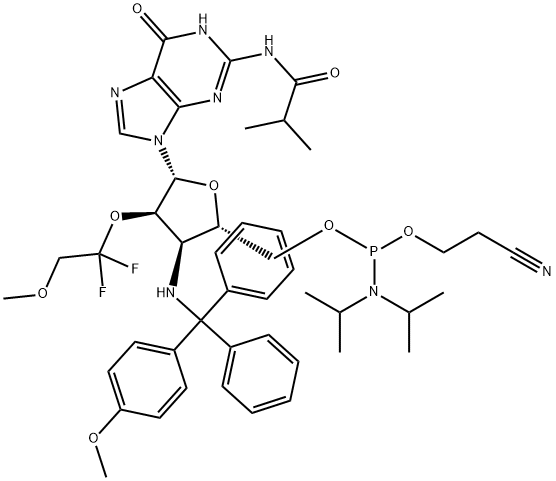 Guanosine, 3'-?deoxy-?2'-?O-?(1,?1-?difluoro-?2-?methoxyethyl)?-?3'-?[[(4-?methoxyphenyl)?diphenylmethyl]?amino]?-?N-?(2-?methyl-?1-?oxopropyl)?-?, 5'-?[2-?cyanoethyl N,?N-?bis(1-?methylethyl)?phosphoramidite] 化学構造式