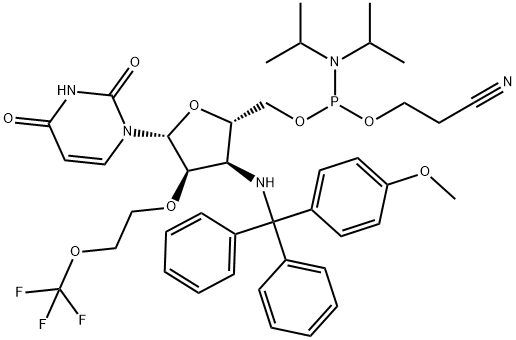 Uridine, 3'-?deoxy-?3'-?[[(4-?methoxyphenyl)?diphenylmethyl]?amino]?-?2'-?O-?[2-?(trifluoromethoxy)?ethyl]?-?, 5'-?[2-?cyanoethyl N,?N-?bis(1-?methylethyl)?phosphoramidite] 化学構造式
