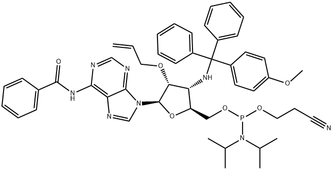 Adenosine, N-?benzoyl-?3'-?deoxy-?3'-?[[(4-?methoxyphenyl)?diphenylmethyl]?amino]?-?2'-?O-?2-?propen-?1-?yl-?, 5'-?[2-?cyanoethyl N,?N-?bis(1-?methylethyl)?phosphoramidite] Struktur