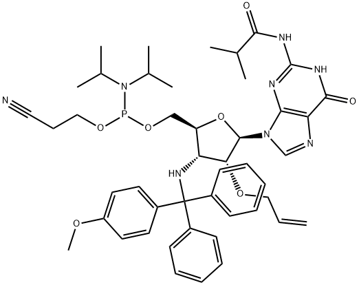Guanosine, 3'-?deoxy-?3'-?[[(4-?methoxyphenyl)?diphenylmethyl]?amino]?-?N-?(2-?methyl-?1-?oxopropyl)?-?2'-?O-?2-?propen-?1-?yl-?, 5'-?[2-?cyanoethyl N,?N-?bis(1-?methylethyl)?phosphoramidite] Struktur