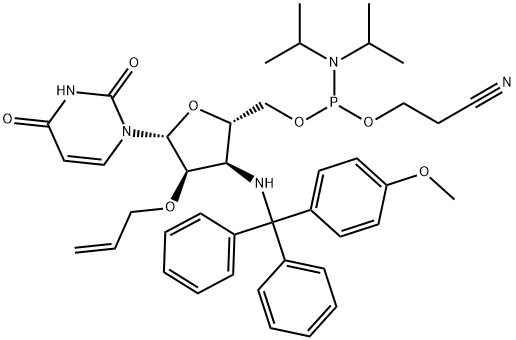Uridine, 3'-?deoxy-?3'-?[[(4-?methoxyphenyl)?diphenylmethyl]?amino]?-?2'-?O-?2-?propen-?1-?yl-?, 5'-?[2-?cyanoethyl N,?N-?bis(1-?methylethyl)?phosphoramidite] Struktur