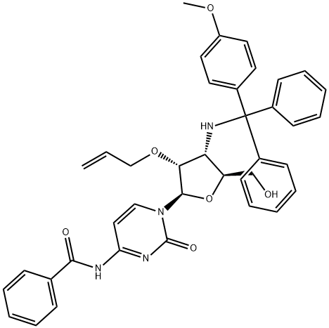 Cytidine, N-?benzoyl-?3'-?deoxy-?3'-?[[(4-?methoxyphenyl)?diphenylmethyl]?amino]?-?2'-?O-?2-?propen-?1-?yl- Struktur