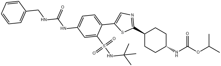 Carbamic acid, N-[trans-4-[5-[2-[[(1,1-dimethylethyl)amino]sulfonyl]-4-[[[(phenylmethyl)amino]carbonyl]amino]phenyl]-2-thiazolyl]cyclohexyl]-, 1-methylethyl ester Struktur